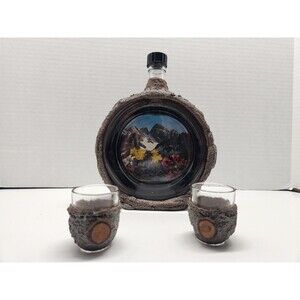 Vintage Alpine Mountain Bark Decanter Set with 2 Shot Glasses Made In Austria